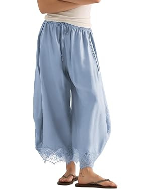 Lviefent Womens Cropped Lace Hem Pants Casual Drawstring Waist Summer Wide Leg Pants Beach Trouse... | Amazon (US)