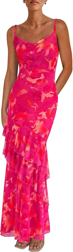 PRETTYGARDEN Maxi Dresses for Women 2026 Summer Tiered Floral Beach Sundress Spaghetti Strap Spri... | Amazon (US)