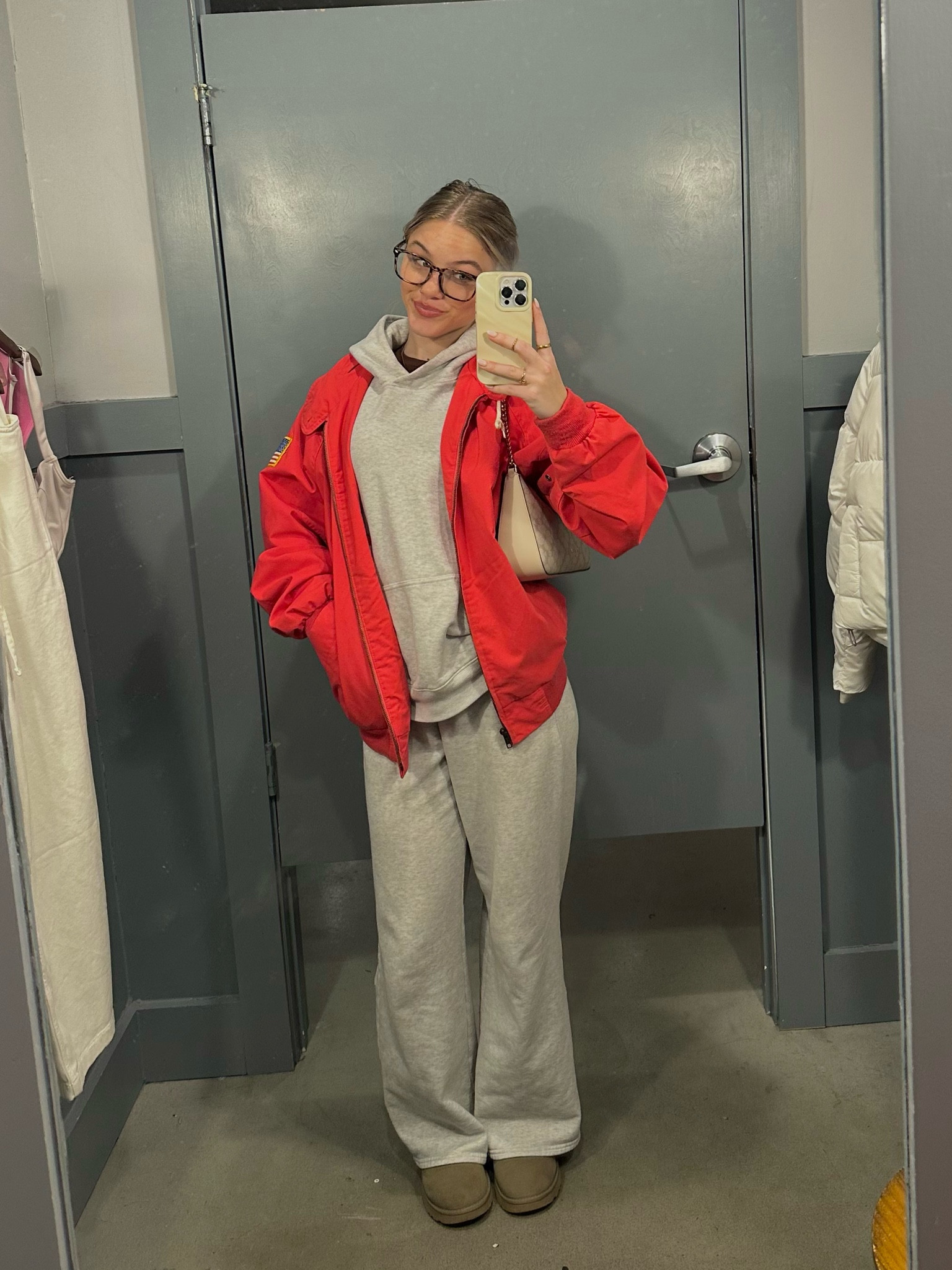 cute & cozy outfit / ootd - hollister grey sweat set, pink jacket, blue light glasses, gold jewelry, ultra mini uggs 

#LTKSeasonal #LTKStyleTip #LTKBeauty