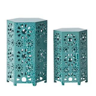 2-Piece Outdoor Metal Side Table Suitable for Patio, Backyard, Garden, Can Be Matched With Any Combination Dark Teal | The Home Depot
