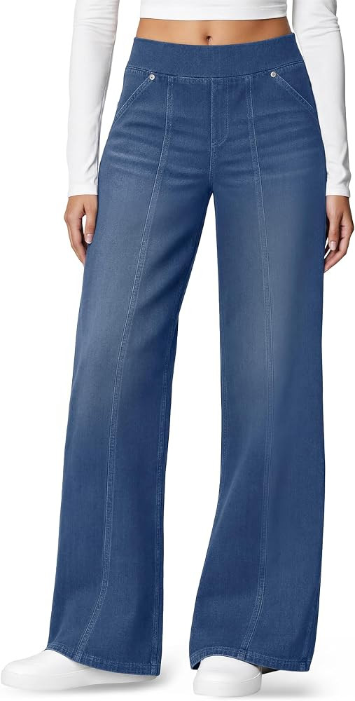 DLOODA Women's High Waisted Stretchy Jeans, Wide Leg Straight Leg Jeans Casual Seamed Front Loose... | Amazon (US)