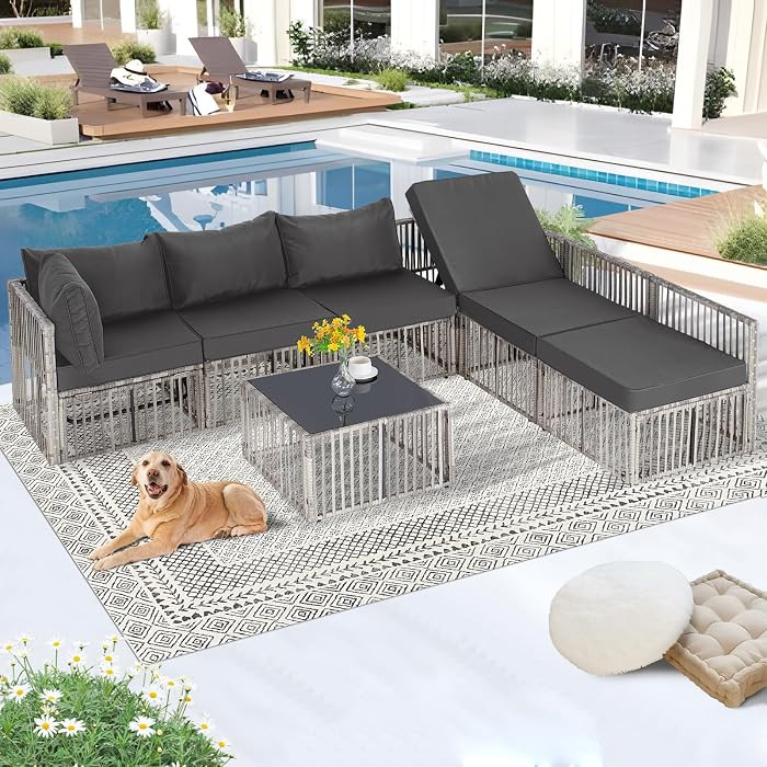 7 Piece Outdoor Wicker Patio Furniture Set, Grey/Dark Grey | Amazon (US)