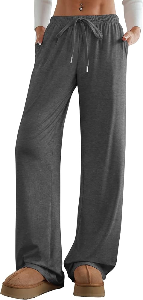 Aoulaydo Women's Wide Leg Lounge Pants Low Rise Baggy Pajama Bottoms with Pockets Y2K Pjs Bottoms | Amazon (US)