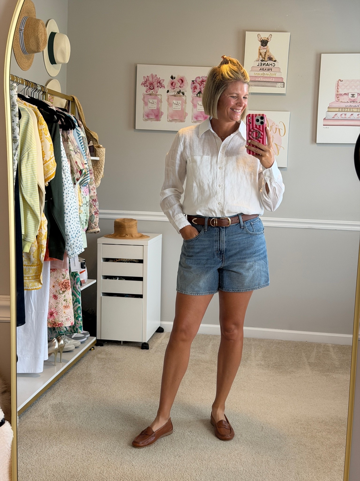 Linen long sleeve button down shirt TTs
High waisted 5 in inseam denim shorts TTS (wearing size 30)
Leather loafers from Italy