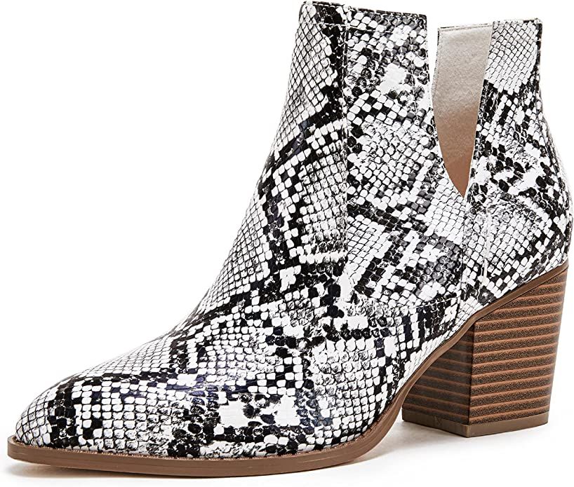 Womens Ankle Boots Slip on Cutout Pointed Toe Snakeskin Chunky Stacked Mid Heel Bootie | Amazon (US)