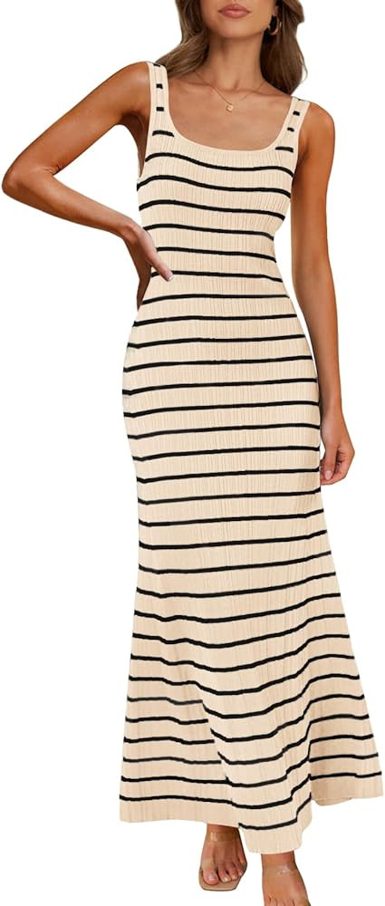 MEROKEETY Women's 2025 Sleeveless Summer Tank Dress Striped Bodycon Maxi Dress Square Neck Ribbed... | Amazon (US)