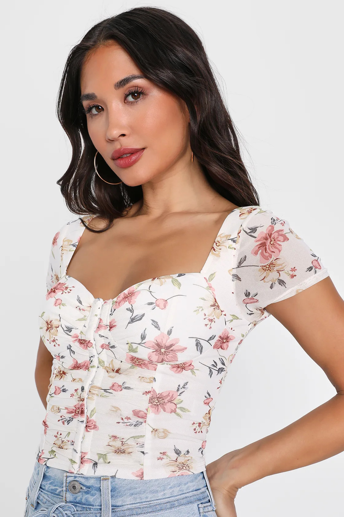 Sweeter Vibes Ivory Floral Mesh Short Sleeve Bustier Crop Top | Lulus (US)
