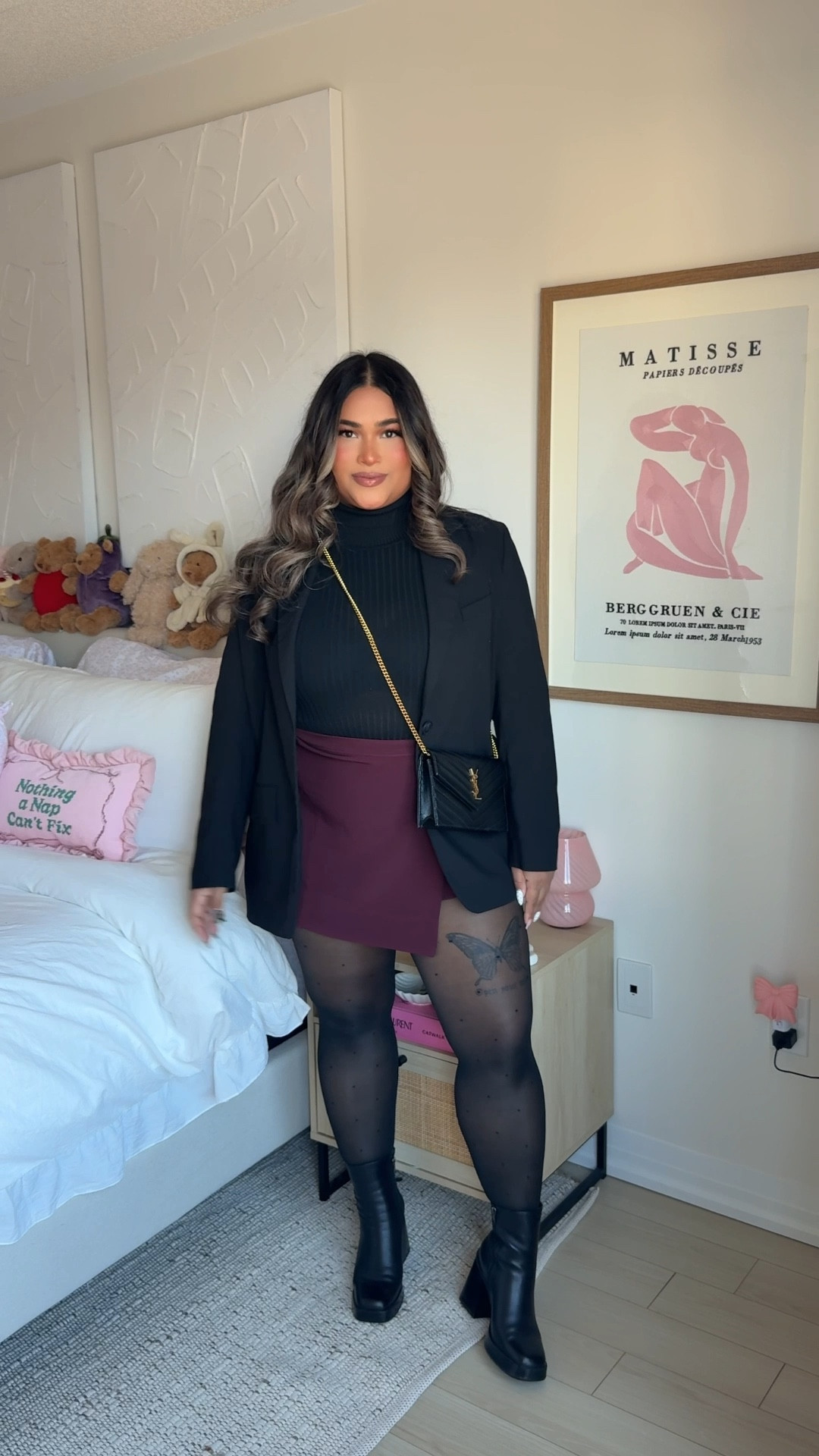 Keeping it simple for my first holiday outfit ✨ Burgundy and black just hit this time of year, the perfect muted, chic combo for a work event or holiday party. It’s cute, effortless, and gets the job done without needing sparkle ✨ Adding the sheer polka-dot tights brought in just the right touch of festive vibes (linked a similar pair since these are sold out!).

Sizing:
Blazer — L
Turtleneck — L
Skirt — 12

#HolidayOutfit #HolidayStyle #WorkEventOutfit #HolidayPartyLook #WinterOutfits #OOTDHoliday #ChicStyle #BurgundyOutfit #NeutralHolidayStyle #HolidayFashion 

#LTKMidsize #LTKHoliday #LTKootd