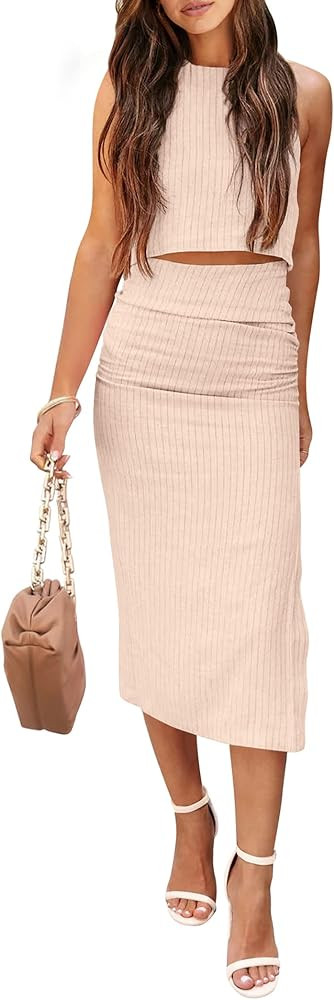 PRETTYGARDEN Women's 2 Piece Summer Outfits Crewneck Tank Tops Split Bodycon Midi Skirt Set | Amazon (US)