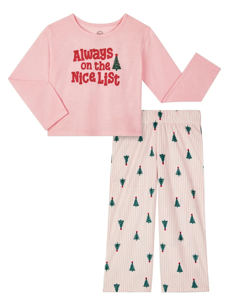 Wonder Nation Girls Long Sleeve Top and Wide Leg Pant Pajama Set, 2-Piece, Sizes 4-18 & Plus | Walmart (US)
