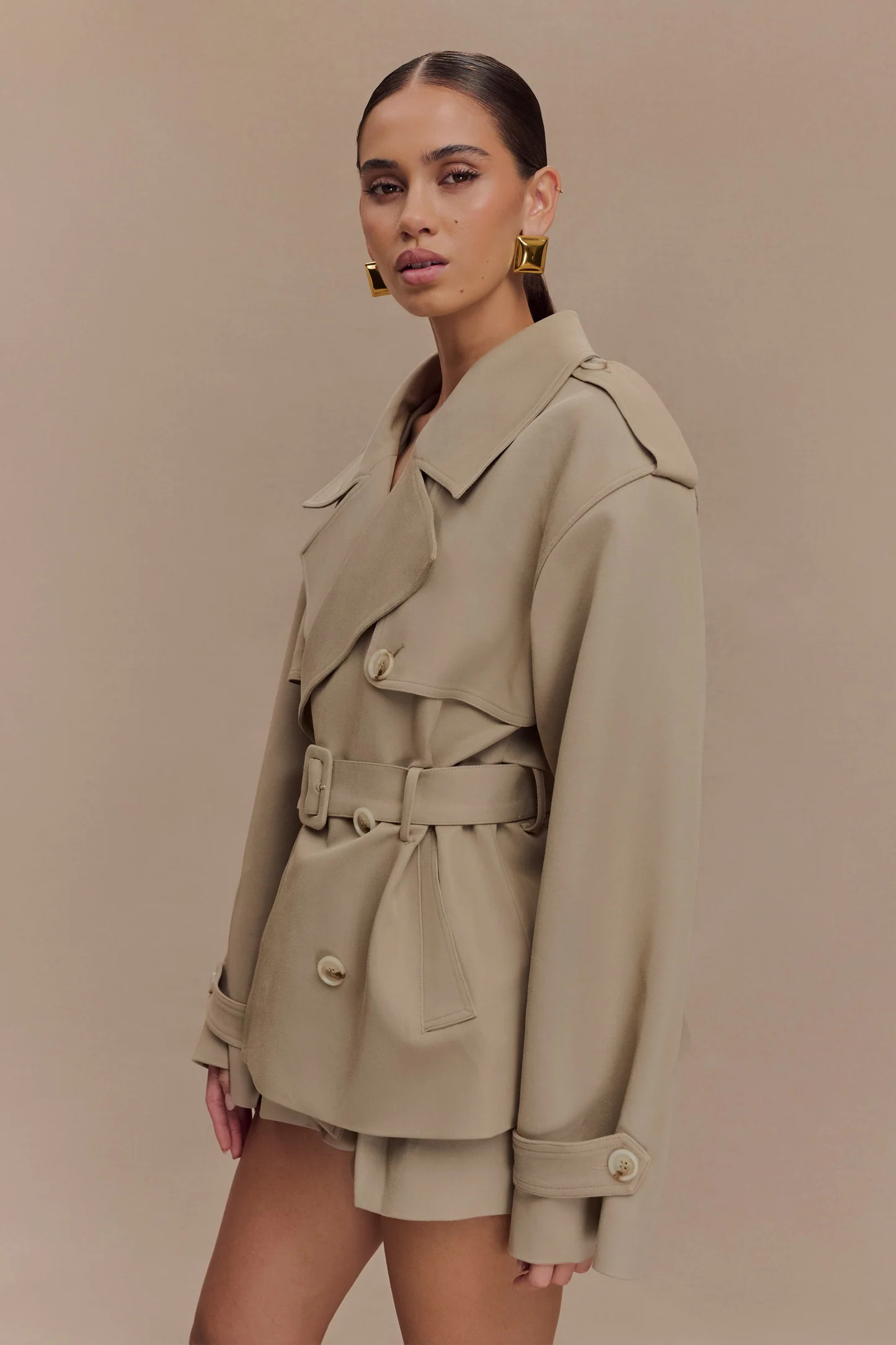 Alden Short Trench Jacket - Pebble | Meshki UK