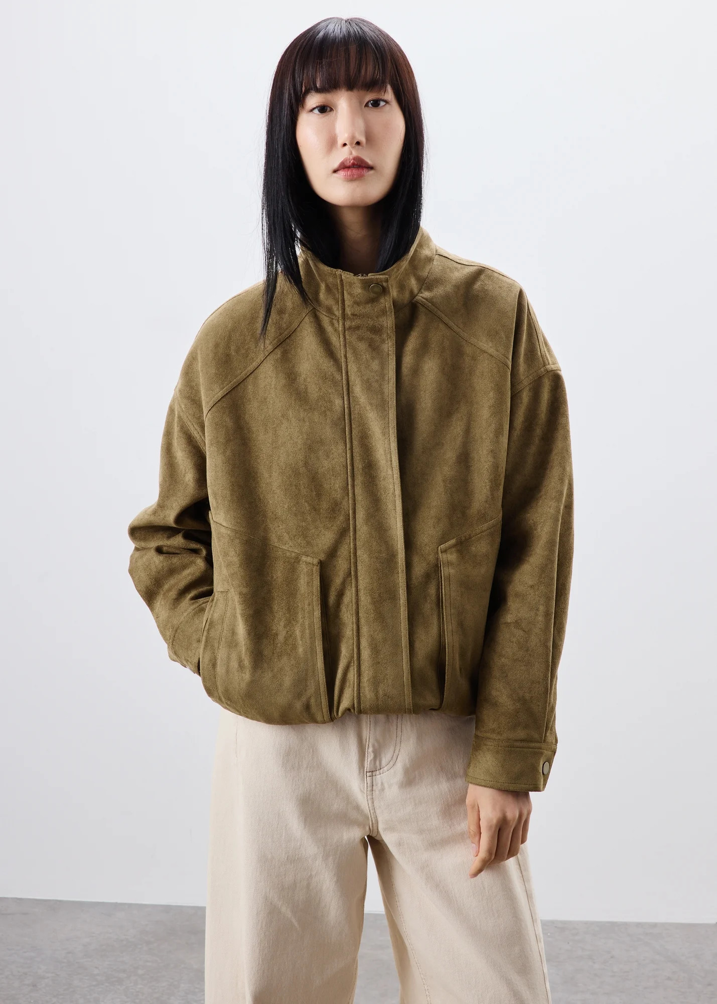 Khaki Suedette Funnel Neck Bomber Jacket | Matalan (UK)