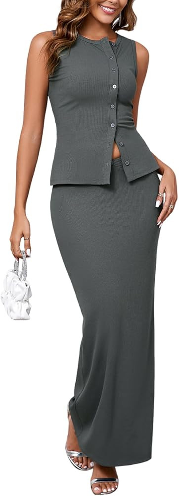 XinFSh Women's Two piece Maxi Skirt Set Ribbed Knit Button Down Vest Top Bodycon Going Out Dress ... | Amazon (US)