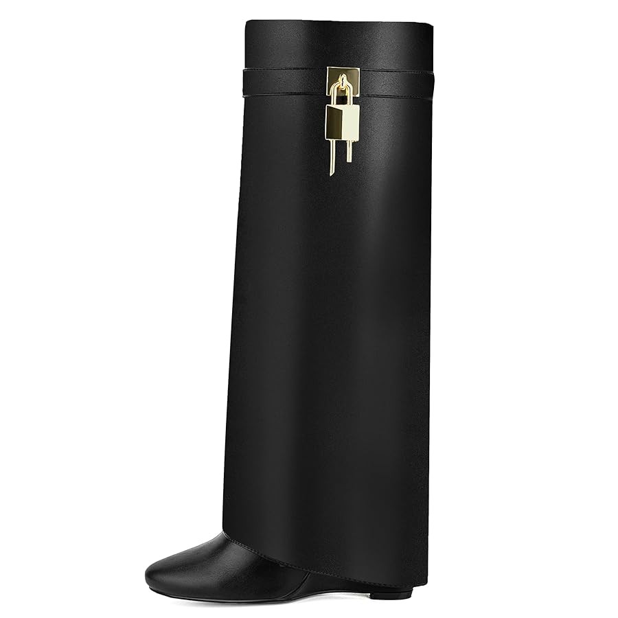 Fold Over Knee High Boots for Women Pointy Pull-on Wedge Heel Knee Shark Boot With Side Zipper Co... | Amazon (US)