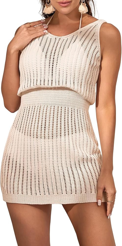 Eomenie Womens Swimsuit Coverup Dress Short Crochet Hollow Out V Neck Beach Cover Up | Amazon (US)