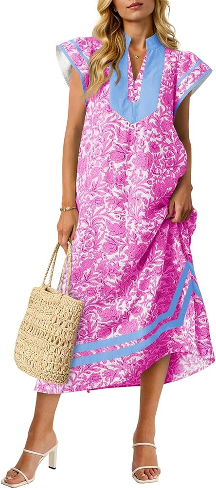 Wenrine Womens Summer Floral Maxi Dress Casual Short Cap Sleeve V Neck Color Block Side Slit Loos... | Amazon (US)