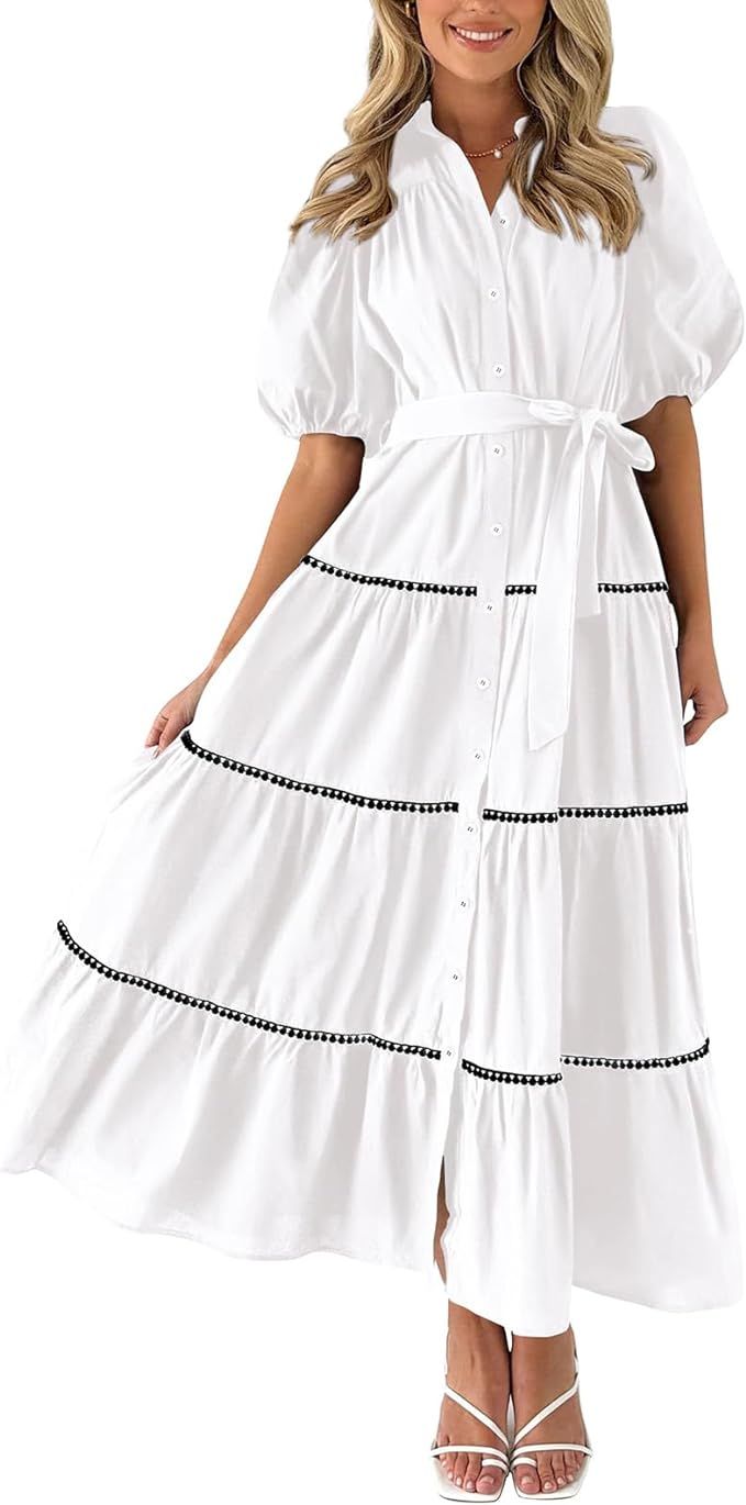 Women's Summer Button Down Shirt Dress Short Puffy Sleeve Tiered Ruffle A Line Flowy Elegant Long... | Amazon (US)