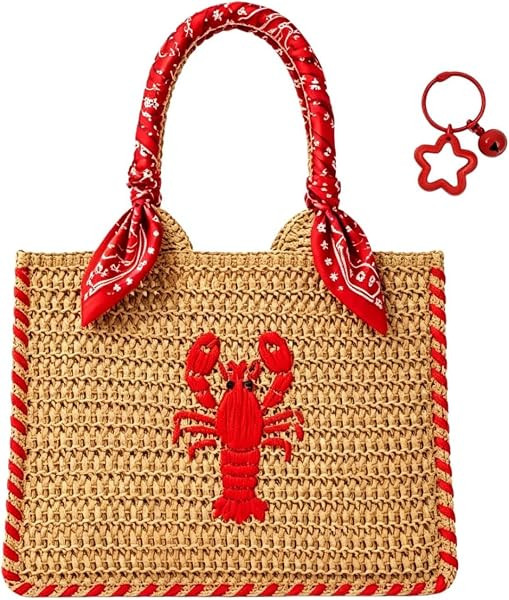Straw Bag Lobster Embroidery With Keychain, Straw Zipper Handle Handbags | Amazon (US)