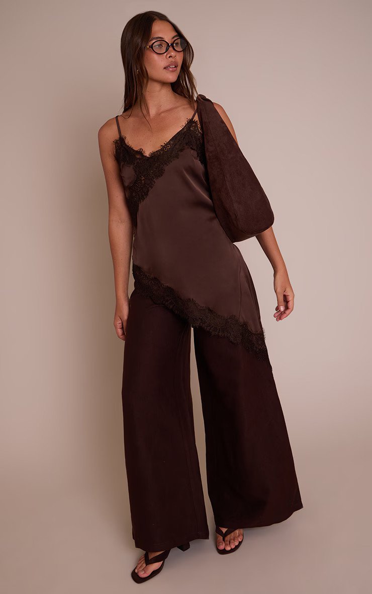 Chocolate Satin Lace Detail Asymmetric Long Top | PrettyLittleThing UK