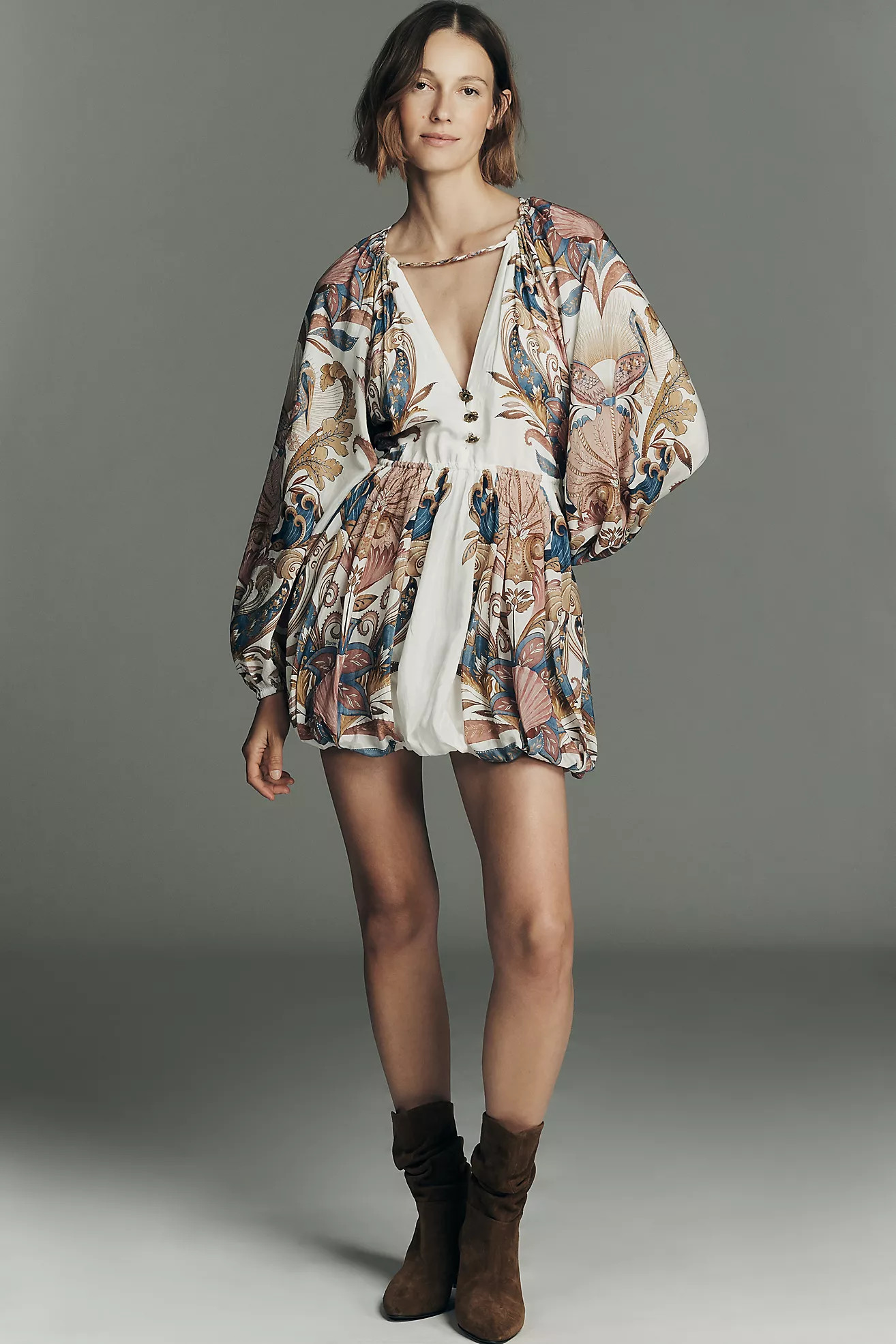 Farm Rio Sea Garden Long-Sleeve Plunge Mini Dress | Anthropologie (US)