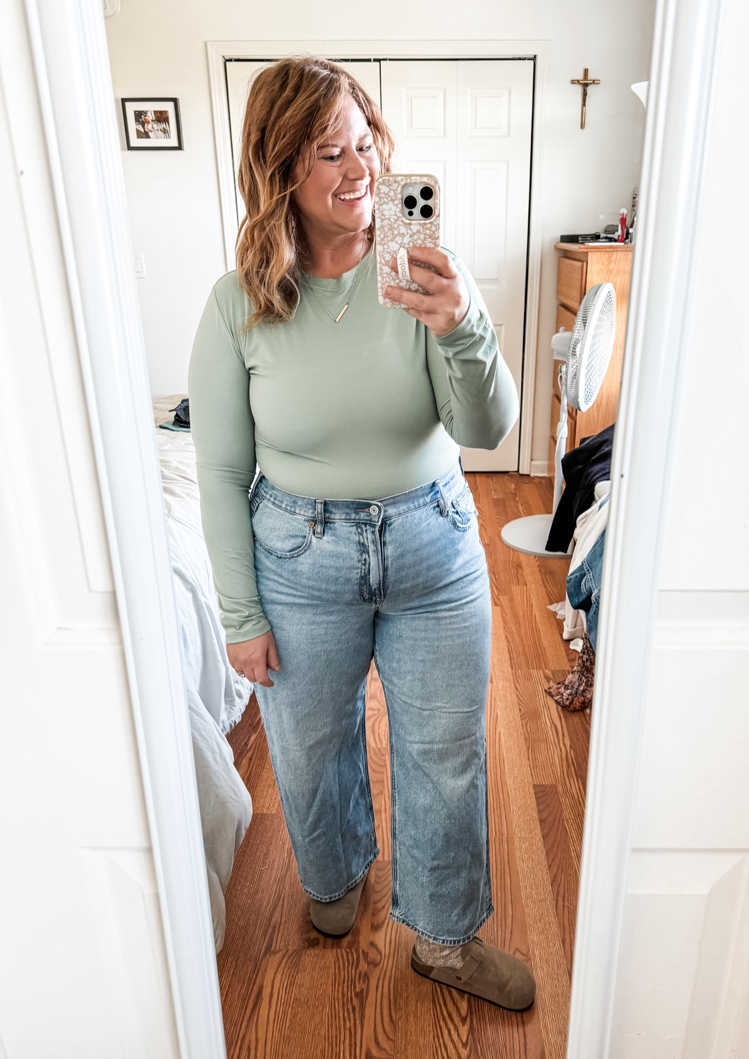 Pumiey top - I size up to an XXL so it’s comfy.  Color is sage!

Jeans are the stovepipe jeans from American eagle and SO good!! 14 extra short and fit perfectly!

#LTKMidsize #LTKCyberWeek #LTKStyleTip