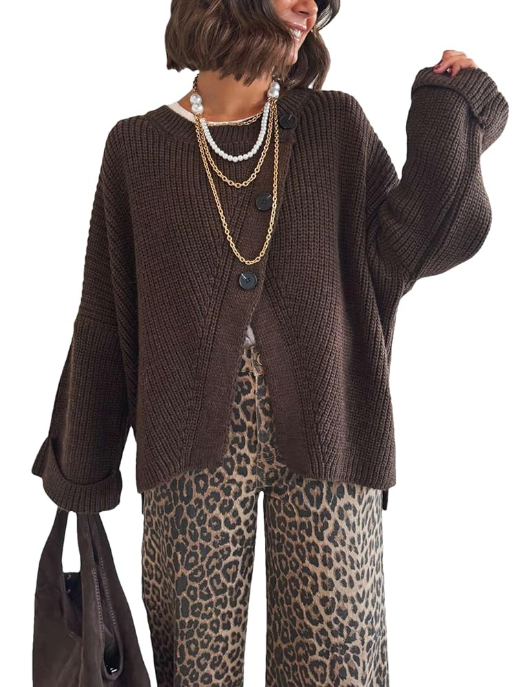 Sweaters for Women Front Split Knit Long Sleeve Button Down Knitted Outerwear Pullover Sweater | Amazon (US)