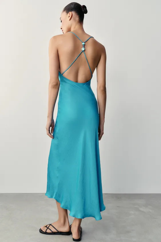 Long satin effect dress with V-neck and thin beaded straps. | Zara US
