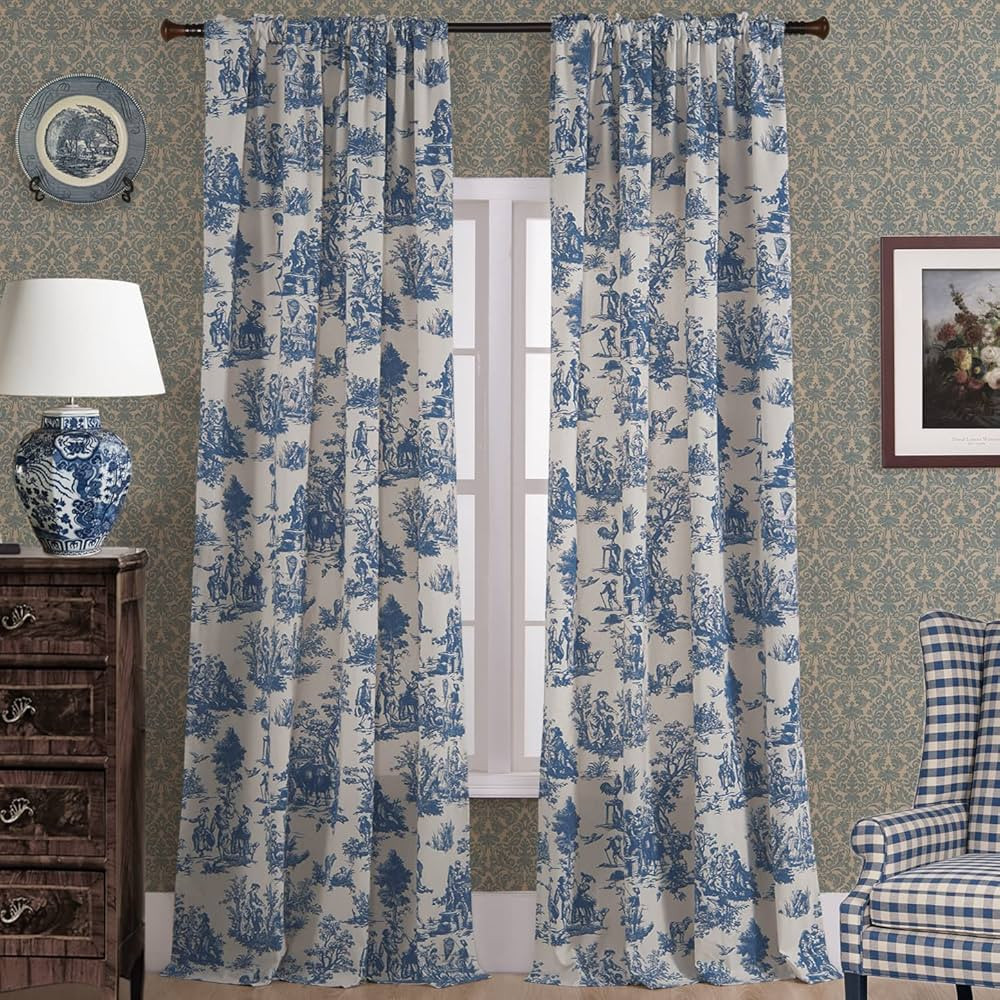 Royal Blue Curtains 108 Inches Long for Living Room,Spring Nautical French Country Toile de Jouy ... | Amazon (US)