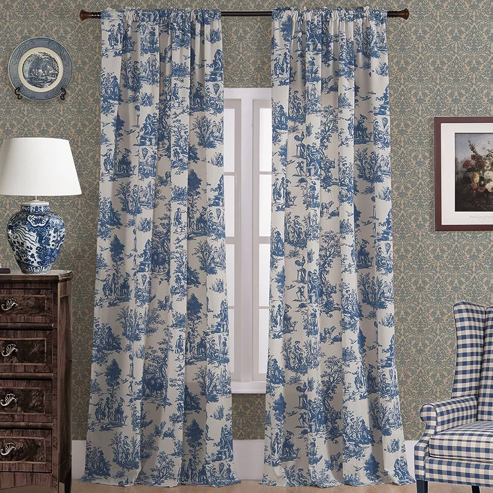 Blue Toile Window Curtains Drapes for Living Room 84 Inch Length 2 Panels Set Long Sheer Cotton T... | Amazon (US)