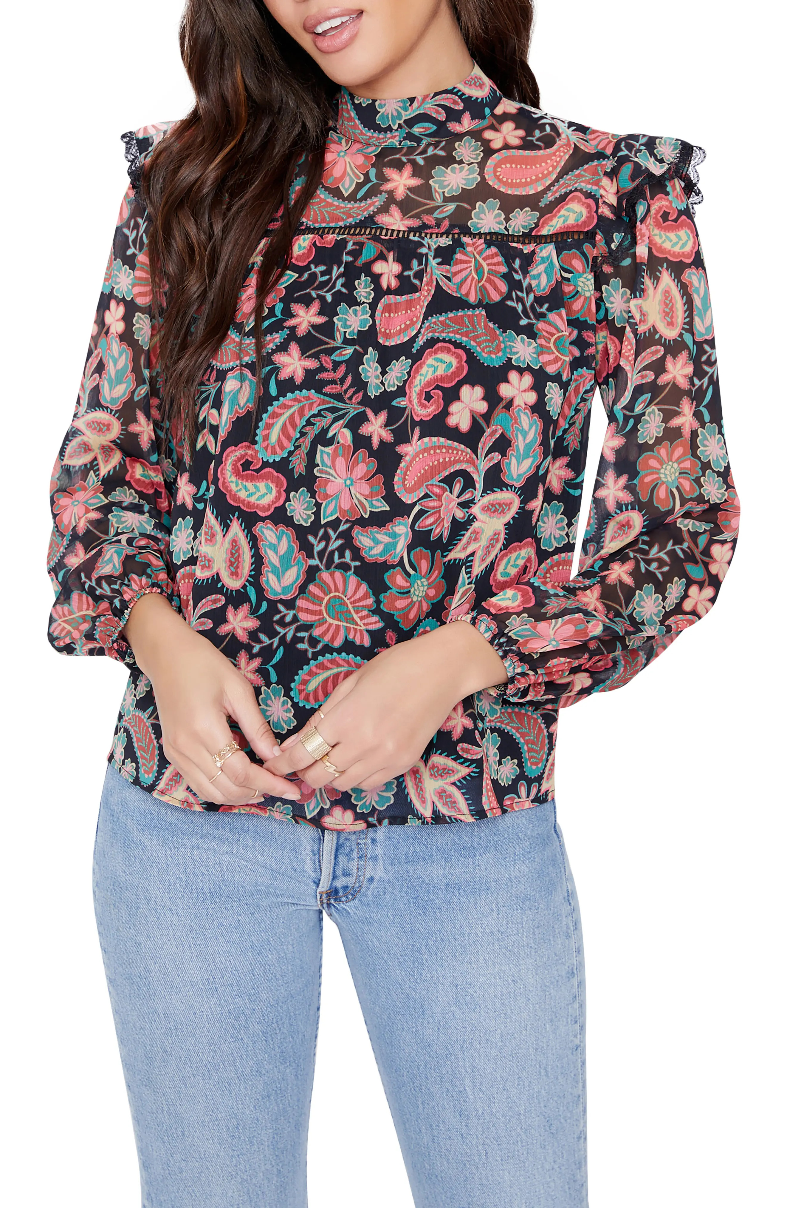 Lost + Wander Love Story Floral Top in Red Black Floral at Nordstrom, Size Small | Nordstrom