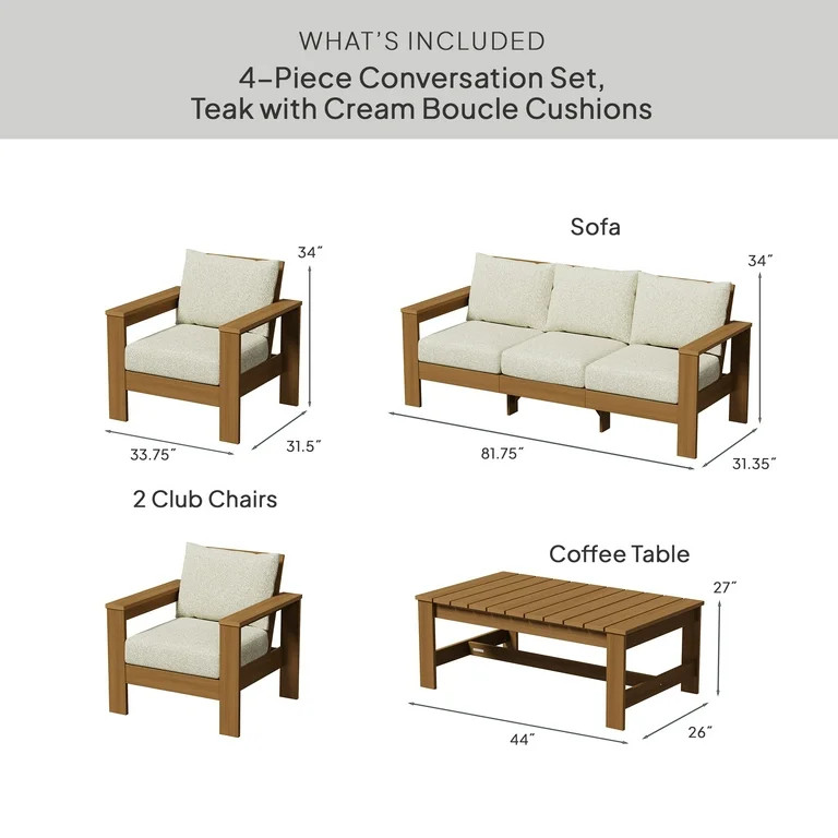 Better Homes & Gardens Ezra 4-Piece Outdoor HDPE Conversation Set, Teak with Cream Boucle Cushion... | Walmart (US)