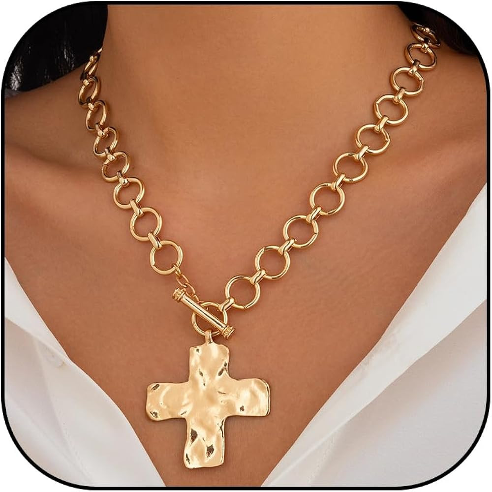 Chunky Cross Necklaces for Women Trendy Chunky Gold Necklace Bold Cross Statement Necklace Paperc... | Amazon (US)