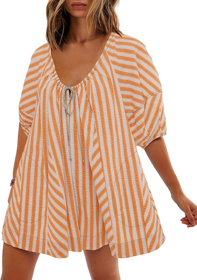 SENSERISE Womens Striped Romper Puff Sleeve Mini Shorts Romper Dress Beach Vacation Outfits with ... | Amazon (US)