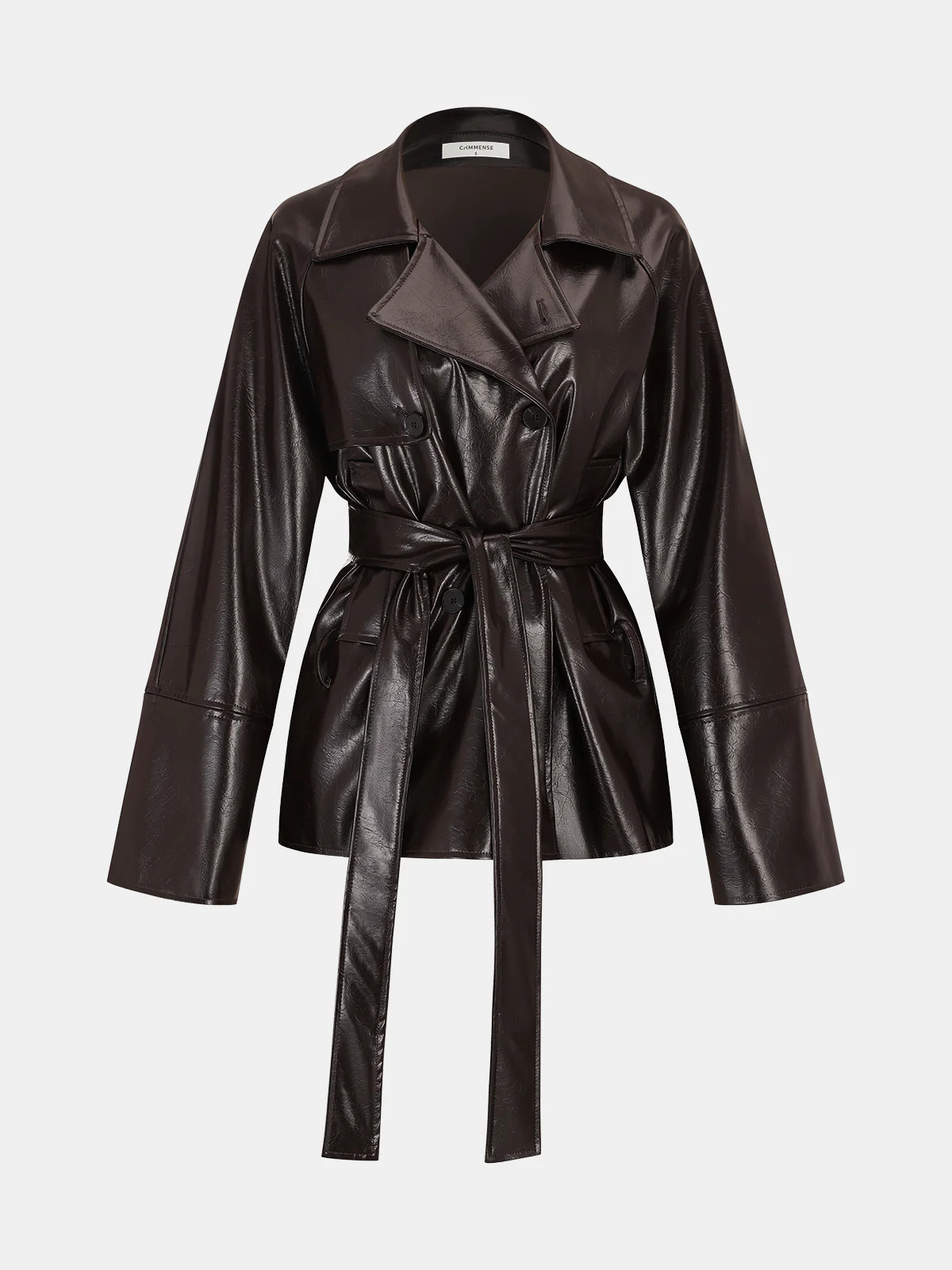 Belted Faux Leather Trench Coat | Commense
