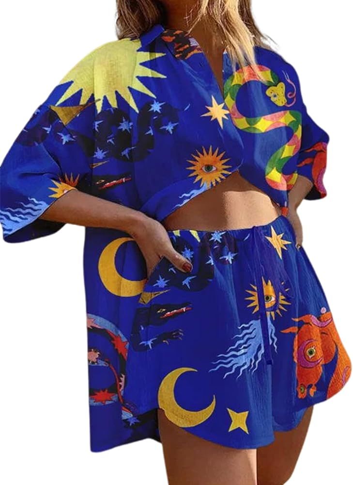 Peaceglad Women's Print 2 Piece Pajama Set Short Sleeve Button Down Tops Drawstring Shorts Lounge... | Amazon (US)