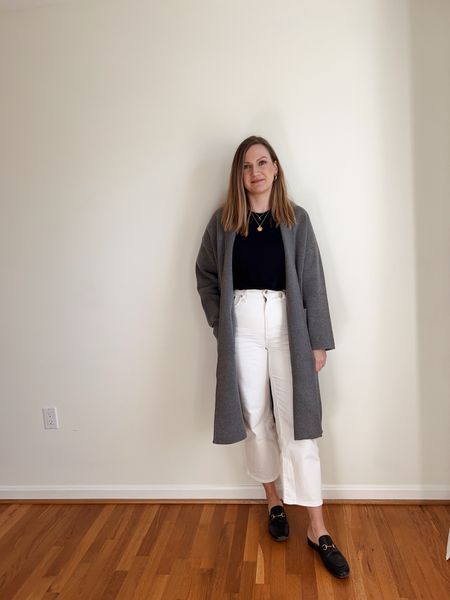 Long sweater jacket for the fall. White pants, Gucci mules, black tee. Simple, minimal style.