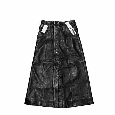 NWT ganni black leather midi button up a line skirt contrast stitching Sz 0 32  | eBay | eBay US