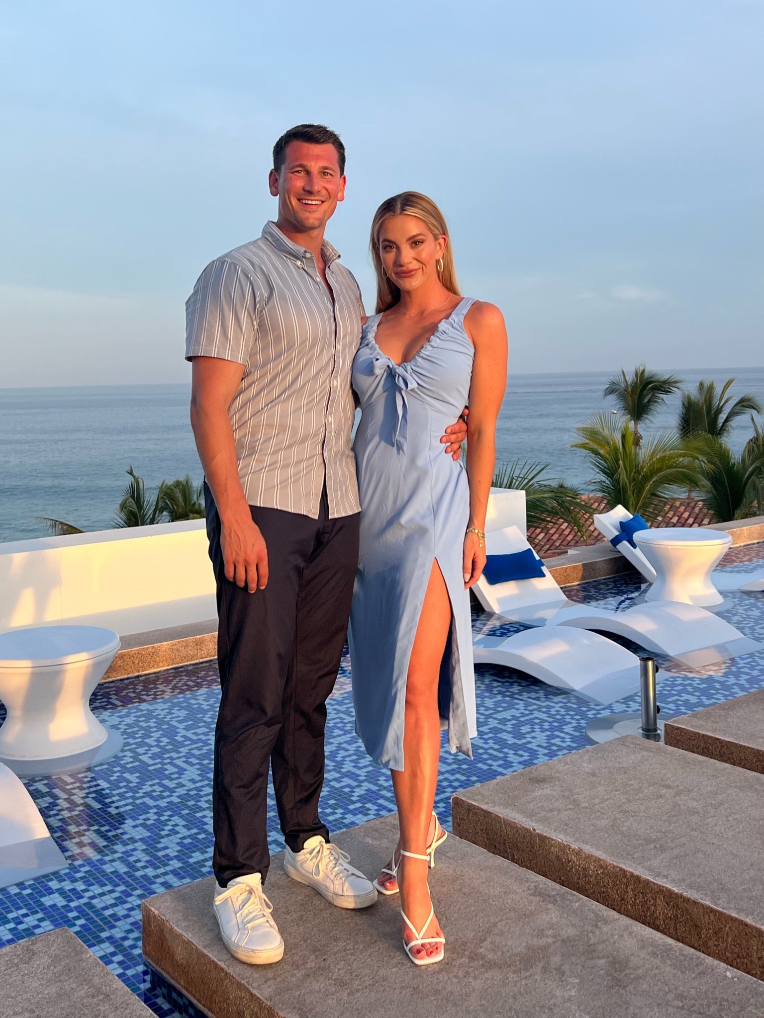 Date night looks for our beach vacation: HIS: Performance stretch, sweat wicking button up short sleeve shirt on sale in this green stripe pattern and more worn with Navy Lululemon Commission pants and Steve Madden white sneakers  HER: cinched v neck midi dress with a slit by A&F available in blue, orange, black, and a few patterns on sale now with comfortably cushioned Steve Madden strappy heels and studded dainty jewelry. 

#LTKshoecrush #LTKsalealert #LTKmens