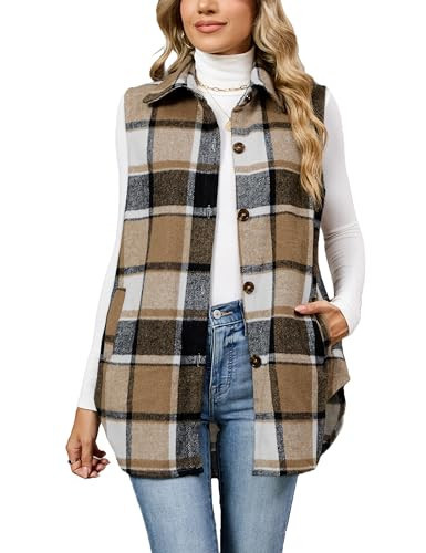 UANEO Womens Fall Flannel Plaid Vest Button Down Sleeveless Shirt Jacket with Pockets (BrownBlack-M) | Amazon (US)