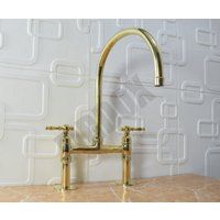 Deck Mount Bridge Kitchen Faucet With Lever Handles, Unlacquered Brass | Etsy (US)