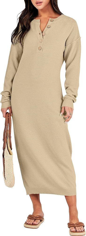 Women Sweater Dress Long Sleeve Button V Neck Oversized Casual Loose Fall Waffle Knit Long Dress | Amazon (US)