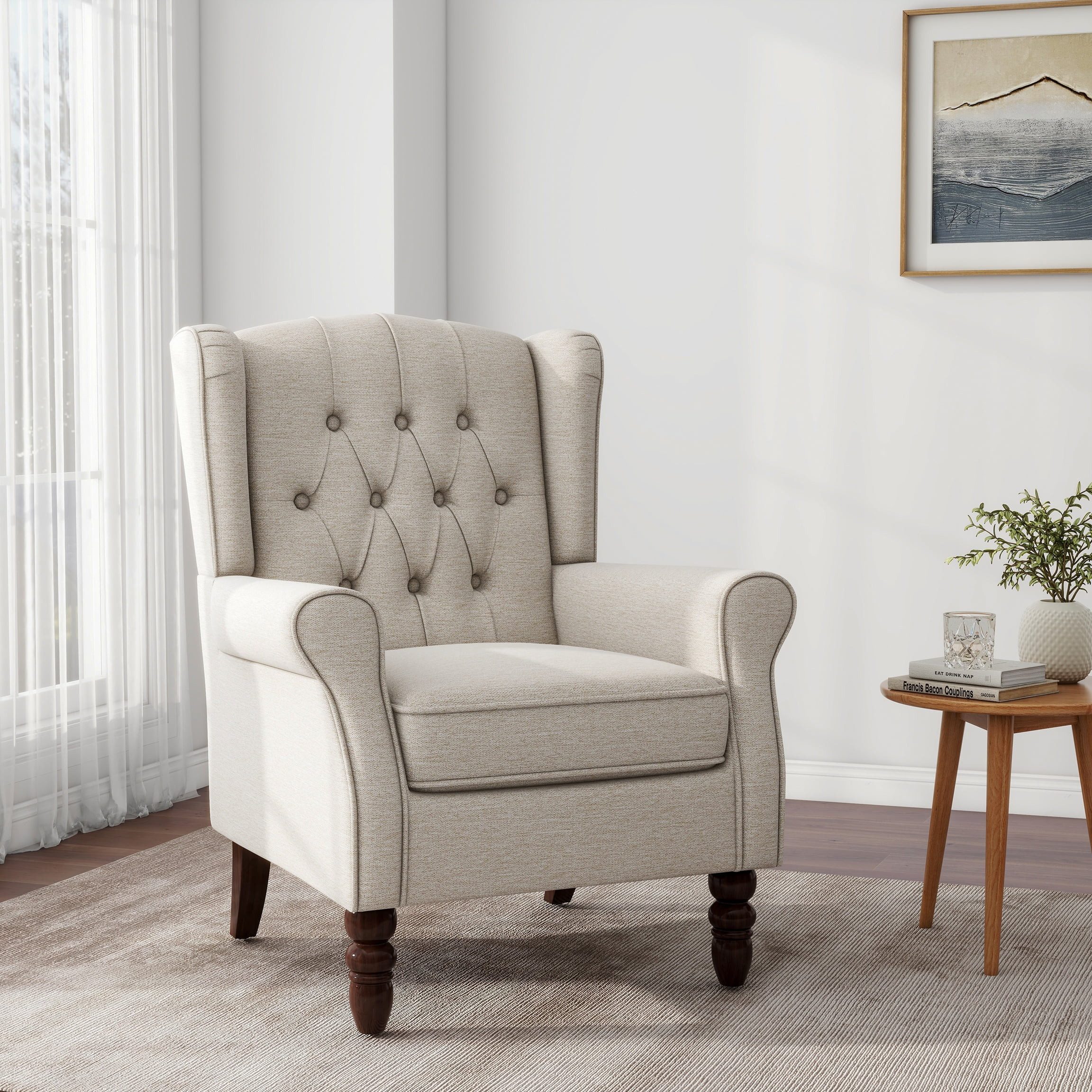 UIXE Wingback Chair Upholstered Armchair in Fabric Retro Wing Back Chairs for Living Room, Beige ... | Walmart (US)