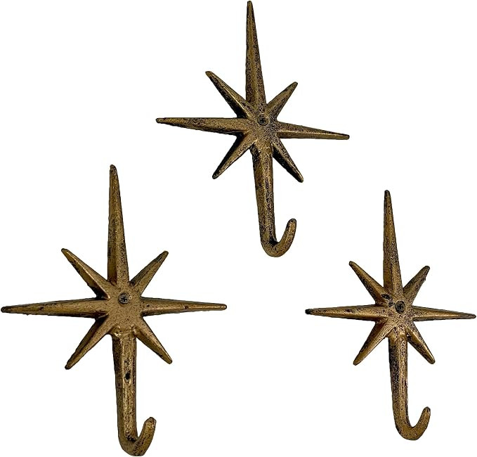 Set of 3 Gold Finish Cast Iron 8-Pointed Atomic Starburst Wall Hooks - Mid-Century Modern Eleganc... | Amazon (US)