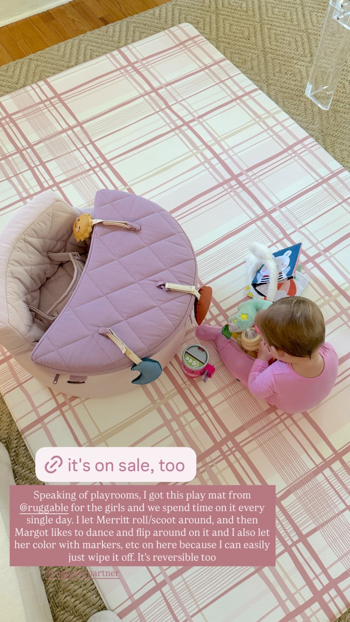 Speaking of playrooms, I got this play mat from @ruggable for the girls and we spend time on it every single day. I let Merritt roll/scoot around, and then Margot likes to dance and flip around on it and I also let her color with markers, etc on here because I can easily just wipe it off. It's reversible too  #ruggablepartner