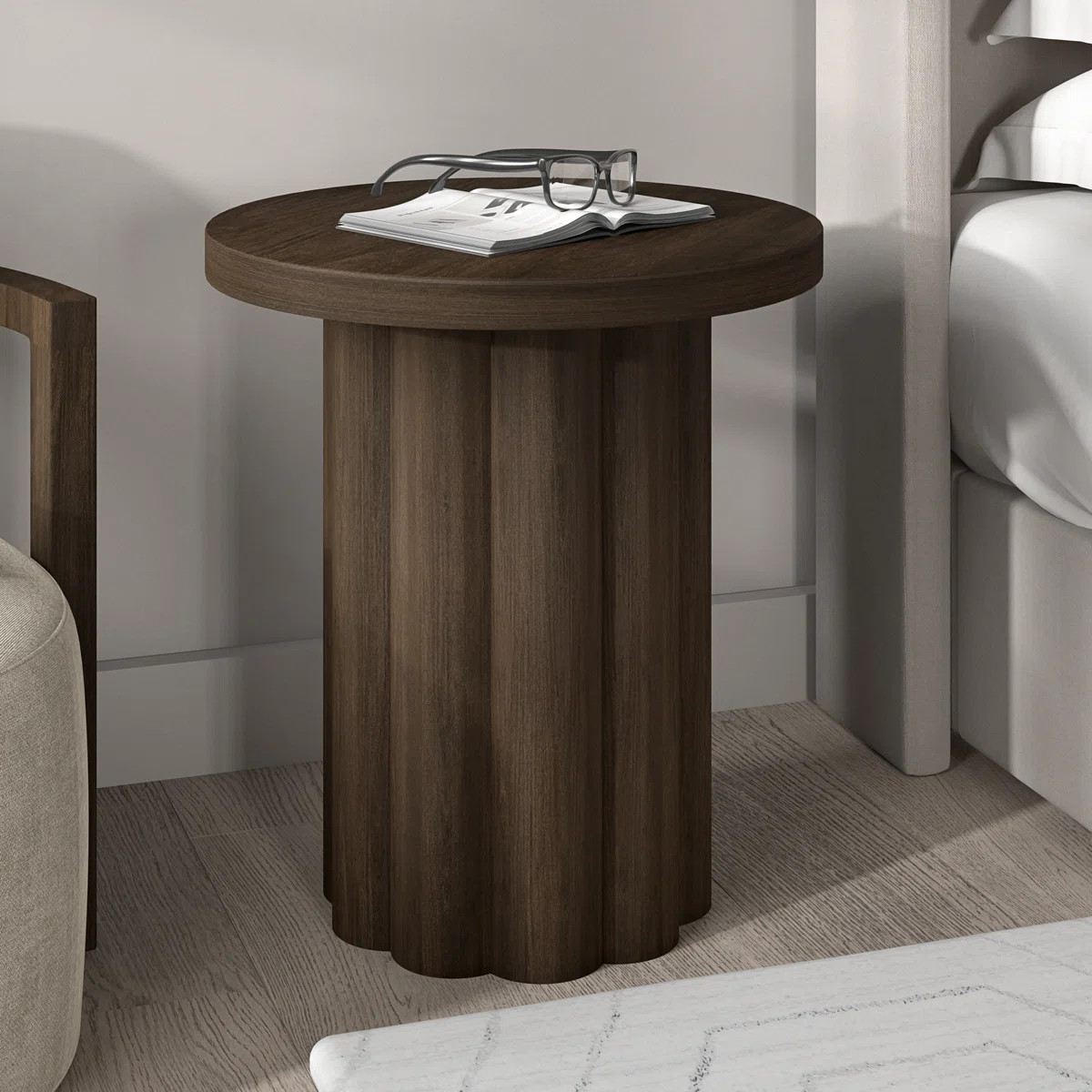 Olie 20" Wide Round Fluted Side Table in Brown Oak | Wayfair North America