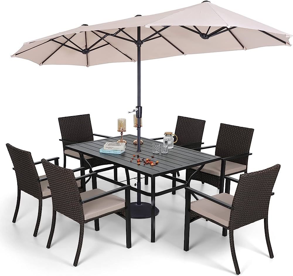 Sophia & William 7 Pieces Patio Dining Furniture with 13 ft Beige Double-Sided Twin Umbrella, Out... | Amazon (US)