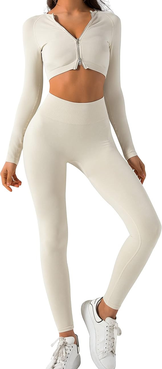 OLCHEE Women’s 2 Piece Seamless Acid Wash Workout Outfits Yoga Leggings Long Sleeve Zipper Crop... | Amazon (US)