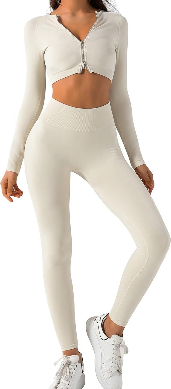 OLCHEE Women’s 2 Piece Seamless Acid Wash Workout Outfits Yoga Leggings Long Sleeve Zipper Crop... | Amazon (US)