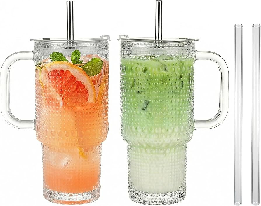 WACOI Thick Hobnail Glass Cup with Lids and Straws 18 oz, 2 Pack Upgraded Version Iced Coffee Tum... | Amazon (US)