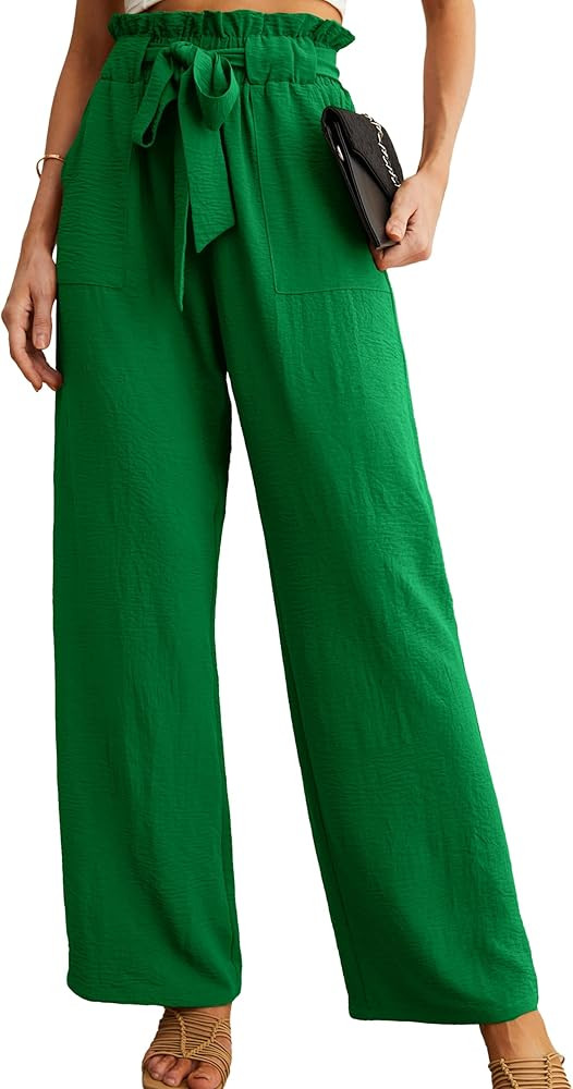 IWOLLENCE Women's Wide Leg Pants with Pockets High Waist Adjustable Knot Loose Casual Trousers Bu... | Amazon (US)